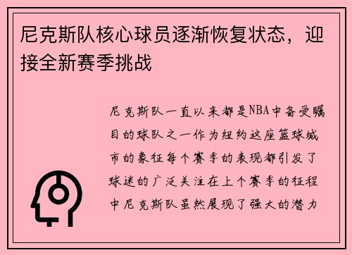 尼克斯队核心球员逐渐恢复状态，迎接全新赛季挑战